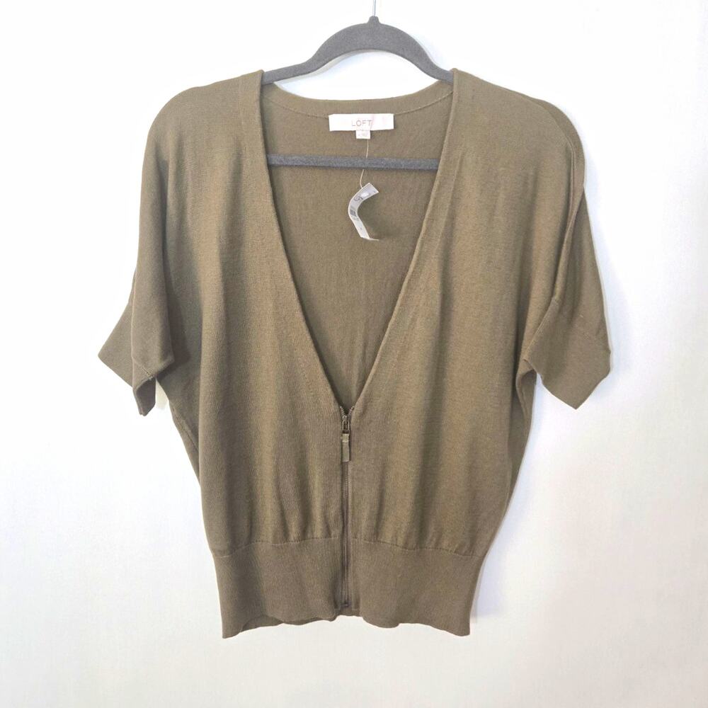 NEW LOFT Olive Pima Cotton Short Sleeve V-Neck Zip Pullover Sweater M layer